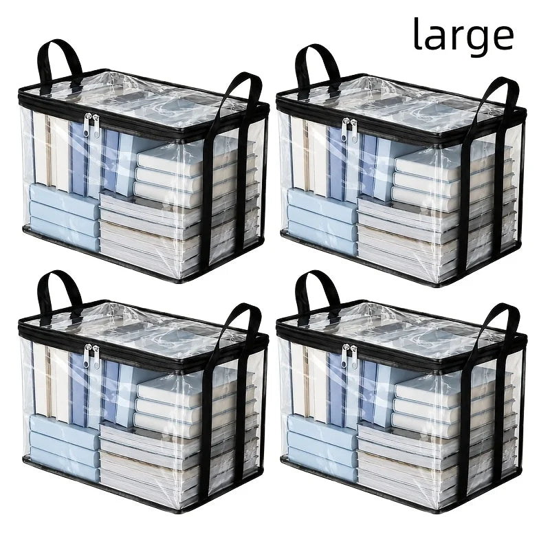 4-Pack Clear Foldable PVC Book Storage Bags with Handles & Zipper Storage Organizer Bags Babs 4pcs-B