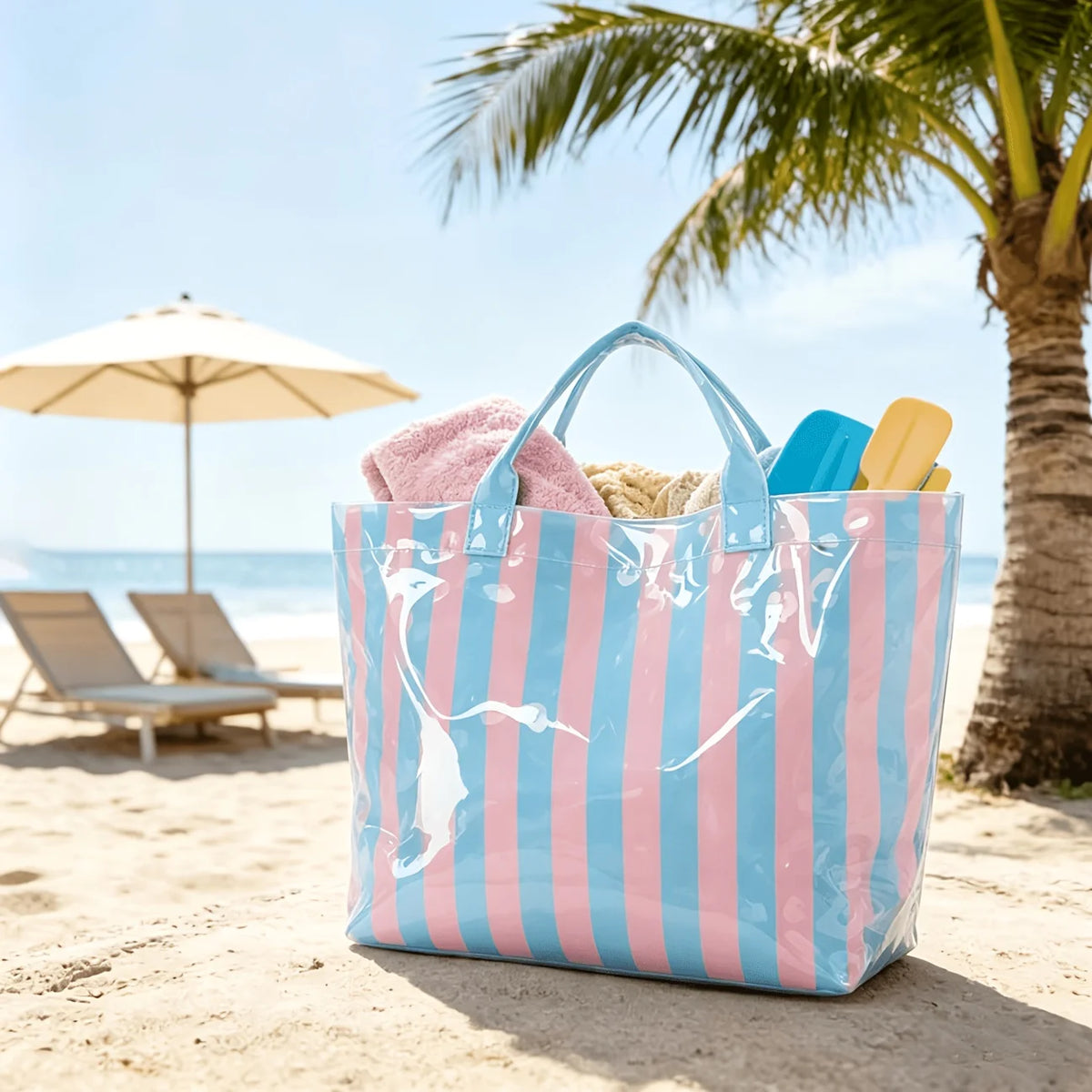Large Striped PVC Tote Bag – Waterproof Glossy Handbag PVC Tote Bag Babs