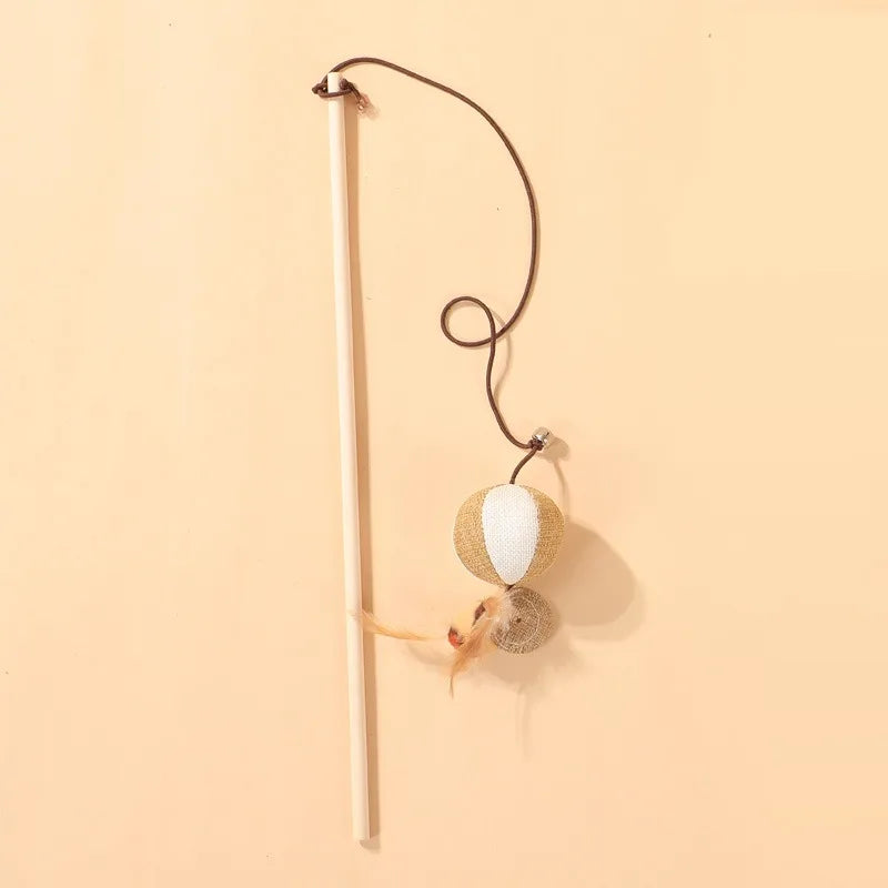 Wooden Cat Teaser Wand with Bell, Feather & Linen Kitten Toy Cat Teaser Wand Babs