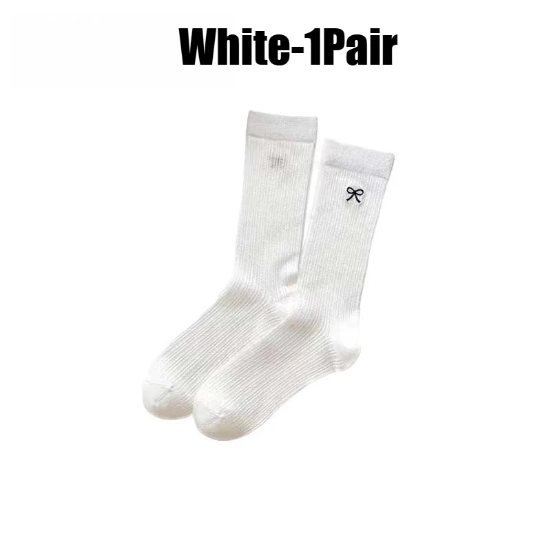 Bowknot Mesh Stacked Socks Korean Preppy Mid-Calf 1-5 Pairs Fashion Socks Babs White-1Pair 35-39