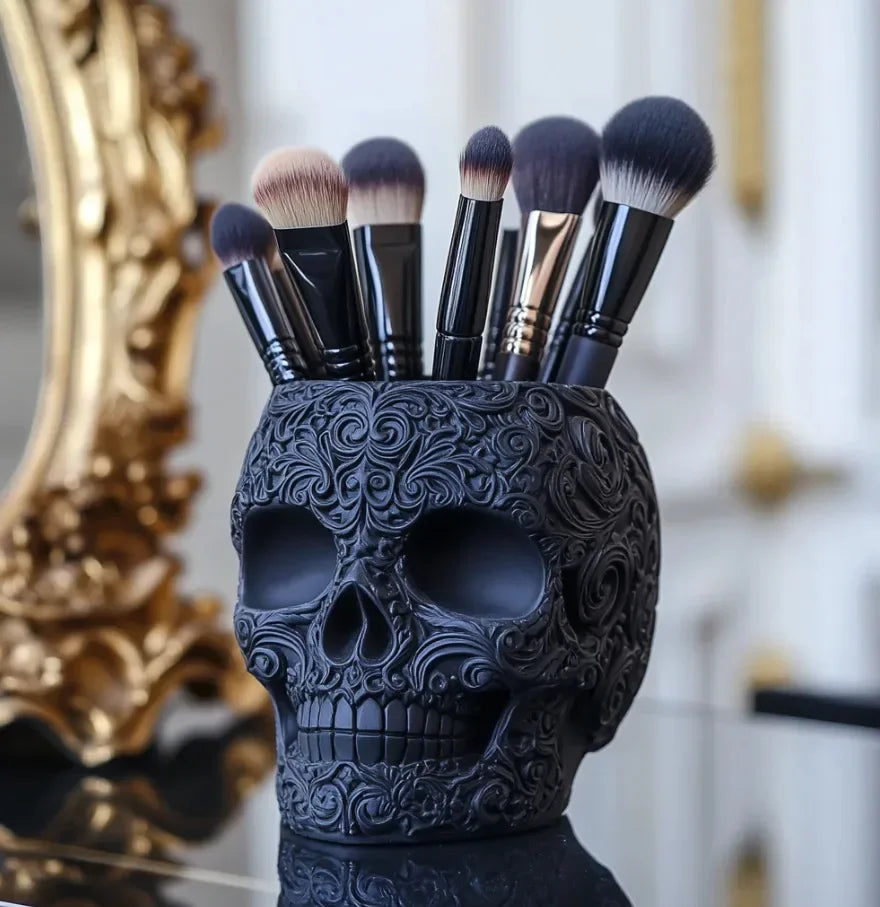 Halloween Skull Makeup Brush & Pen Holder – Colorful Desk Decor Desk Organizer Babs Dark Gray