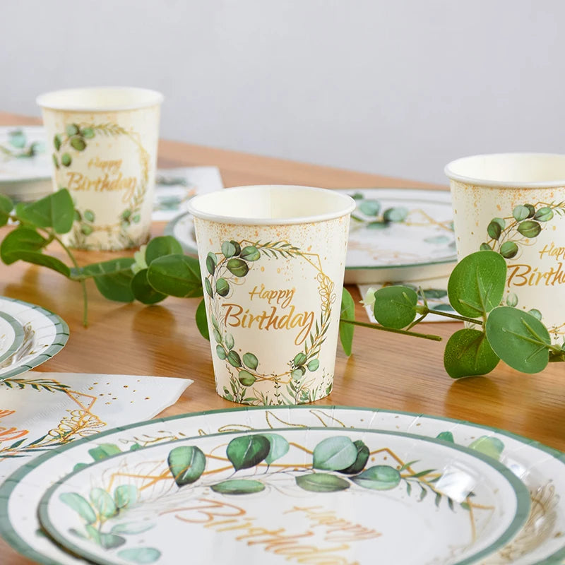 Eucalyptus Disposable Tableware Set – Paper Plates, Cups & Napkins Disposable Tableware Set Babs