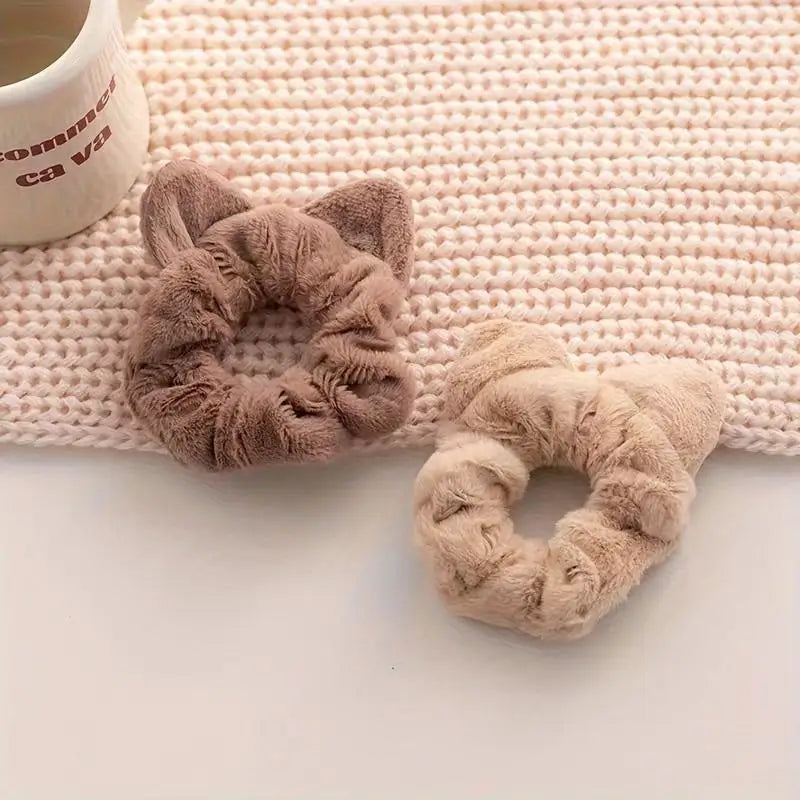 4-Pack Plush Cat Ear Scrunchies – Fluffy Spiral Hair Ties Hair Scrunchie Set Babs