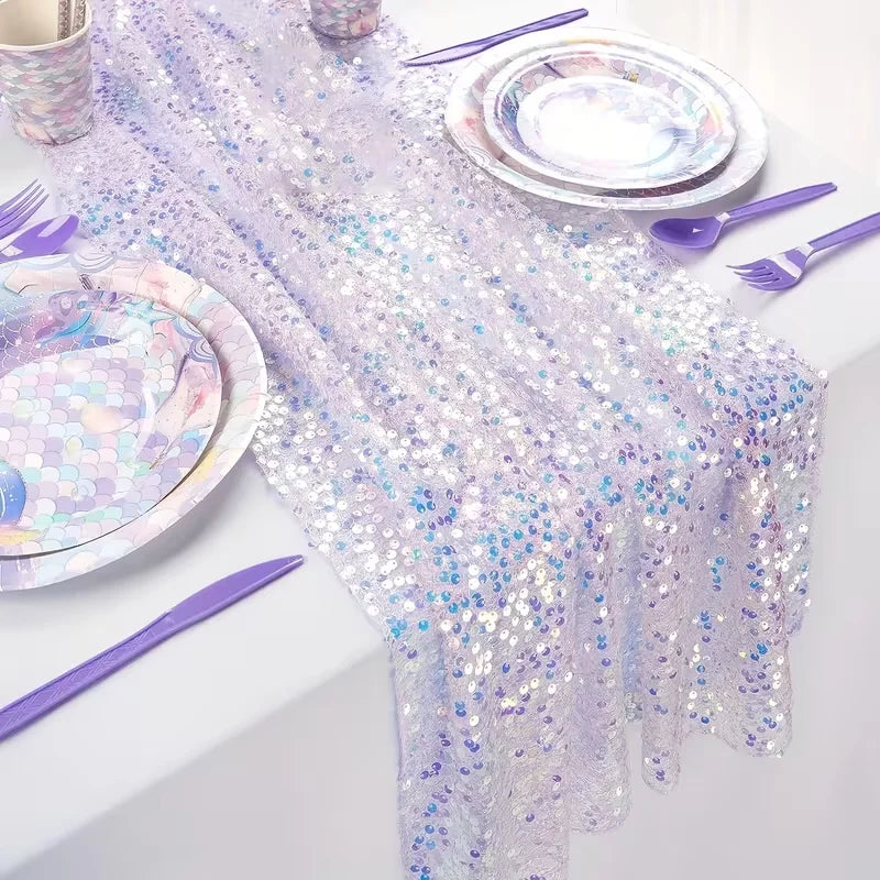 Glitter Sequin Iridescent Table Runner – Boho Wedding & Party Sequin Table Runner Babs Purple 275x30cm
