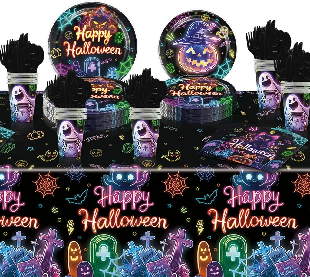Fluorescent Halloween Party Tableware Set – Plates, Napkins & Tablecloth Disposable Party Tableware Babs