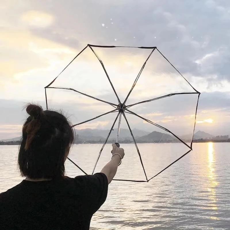 8K Transparent Auto Folding Umbrella – Unisex Long Handle Rain Folding Rain Umbrella Babs