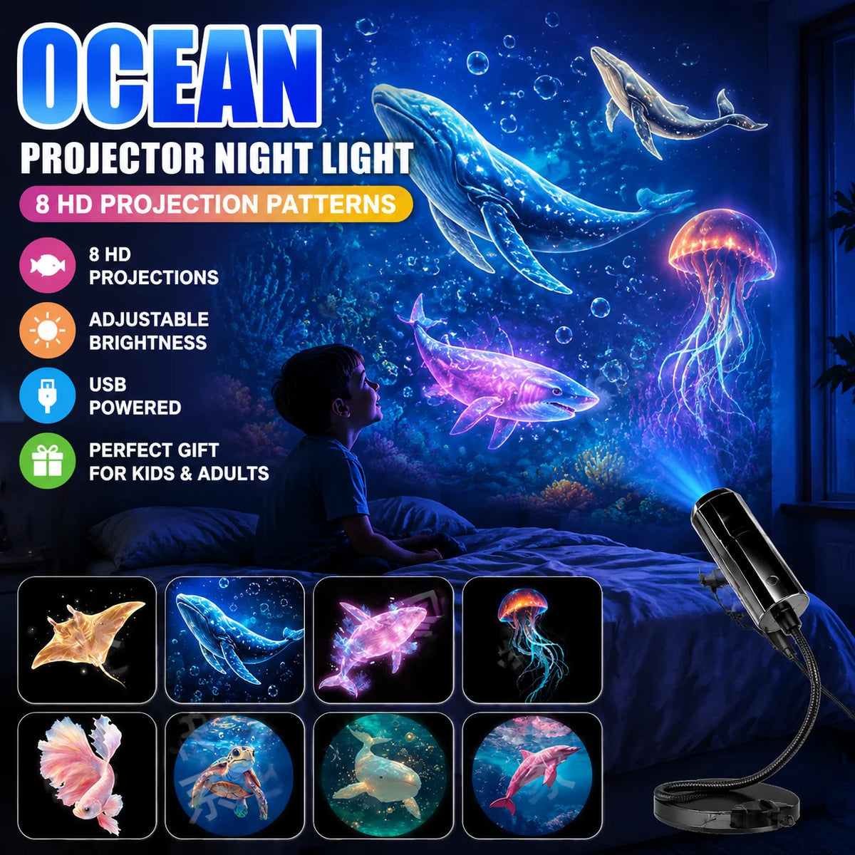 USB Projection Night Light – Romantic Mood Lamp & Room Decor Projection Night Light Babs 150751-Ocean Set