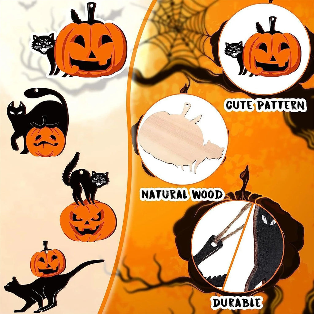 Wooden Halloween Ornaments – Pumpkin & Black Cat Hanging Set Halloween Ornament Set Babs