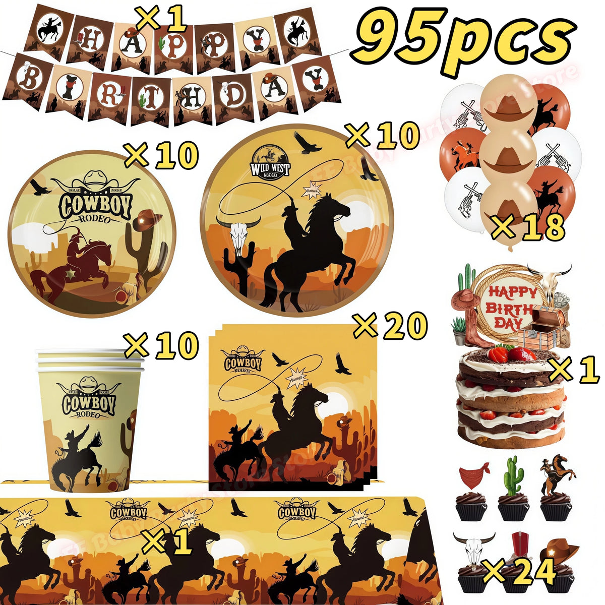 Wild West Cowboy Party Decoration Set – Balloons, Plates & Cups Party Decoration Set Babs 95pcs others