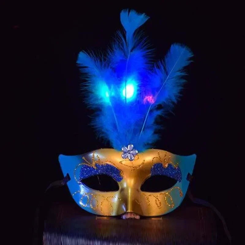 LED Flashing Feather Venice Mask – Masquerade Party Cosplay Feather Ball Mask Babs