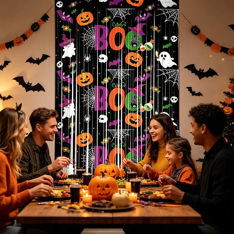 Halloween Tinsel Curtain Pumpkin Ghost Backdrop Party Decor Halloween Party Backdrop Babs