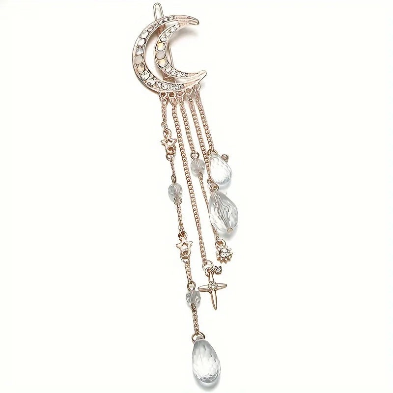 Moon Crescent Crystal Fringe Hairpin – Women's Hair Barrette Crystal Hair Barrette Babs Rose Golden
