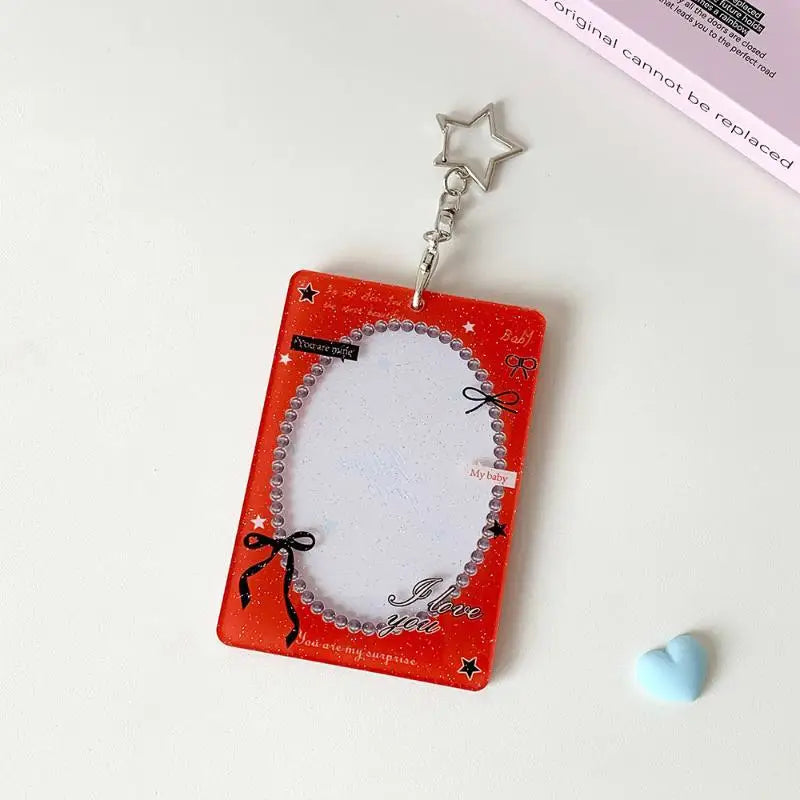 Heart Bow Kpop Photocard Holder with Star Keychain | Lace Frame Photocard Holder Babs A6