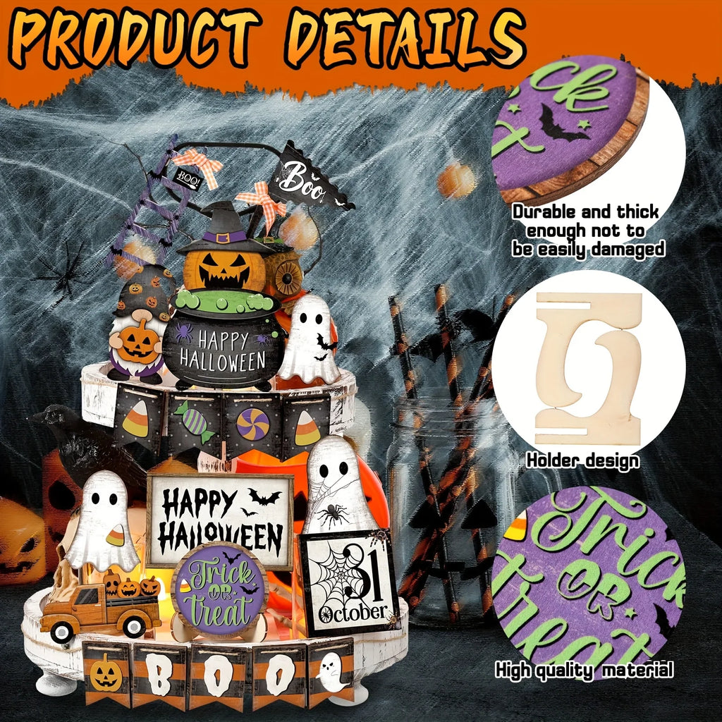 21-Piece Halloween Wooden Tiered Tray Decor Set | Tabletop Halloween Tiered Tray Decor Babs
