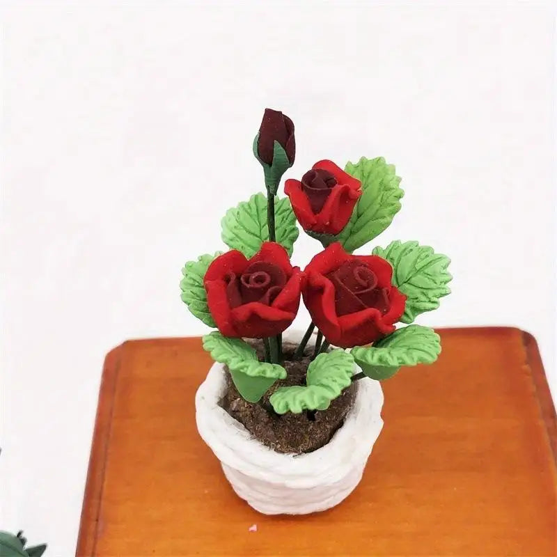 Miniature Red Rose Potted Plant – Resin Simulation Flower Decor Miniature Plant Decor Babs