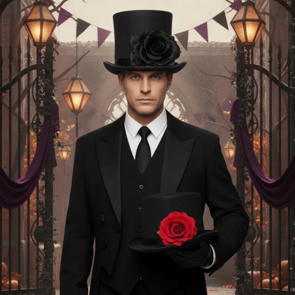 Gothic Top Hat with Artificial Rose – Black & Red Magician Fedora Gothic Costume Hat Babs