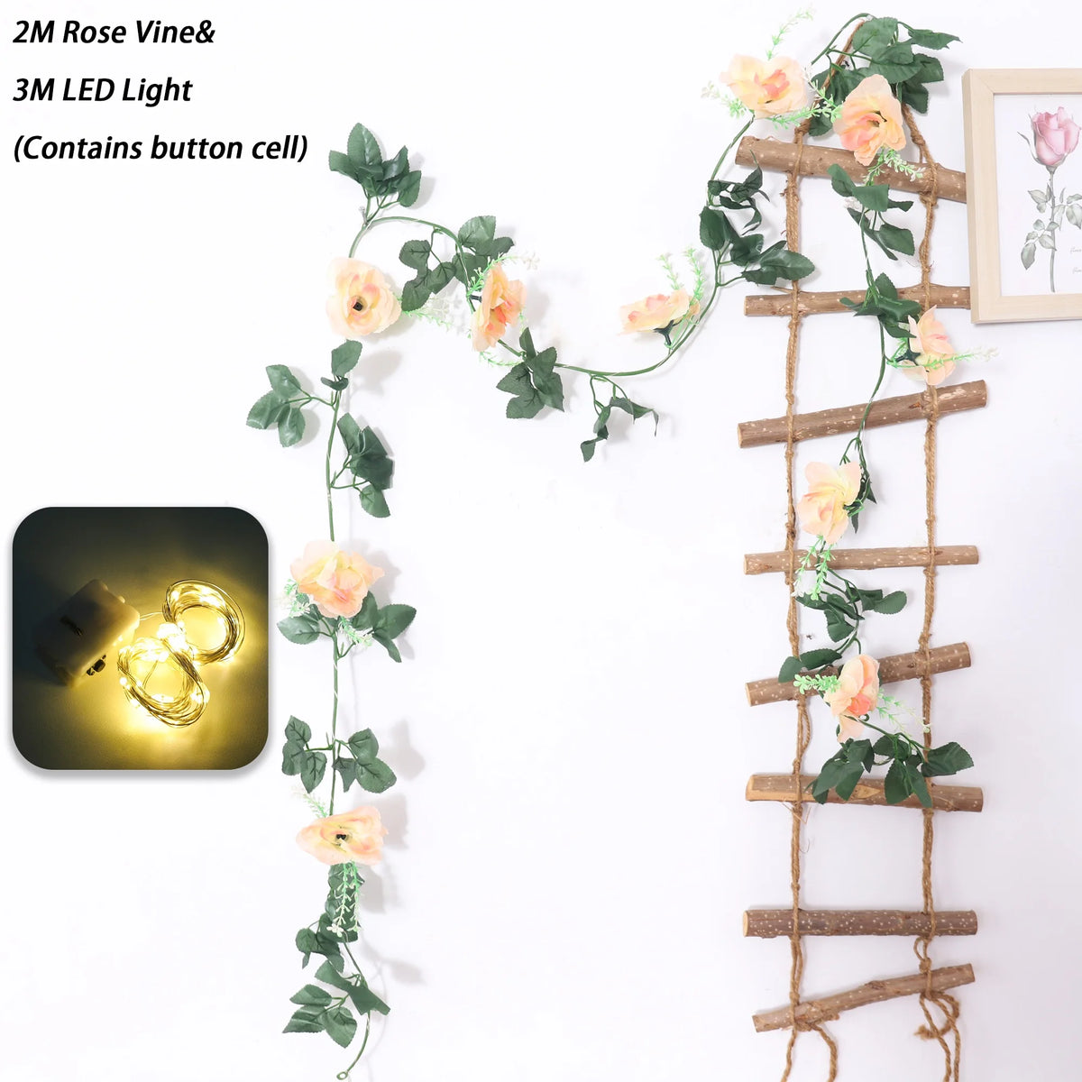 Rose LED Vine Light String – Artificial Flower Wedding Decor LED Floral Vine Light Babs Champagne