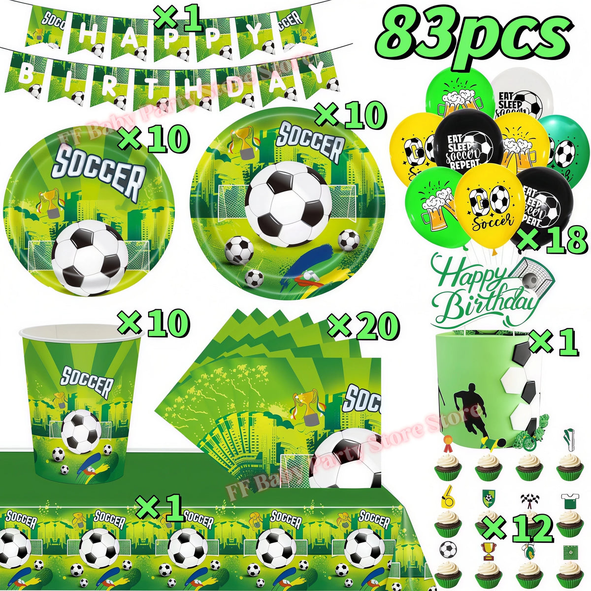 Soccer Football Birthday Party Decorations – Balloons, Plates & Cups Party Decoration Kit Babs 83pcs