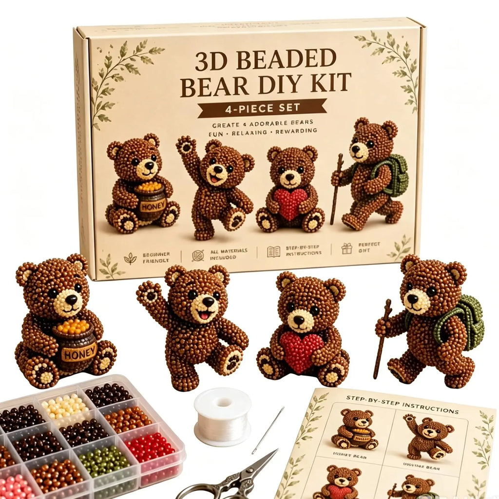 3D Beaded Bear Set – Handmade Bear Sculpture Kit, 4 Bears Bead Craft Kit Babs