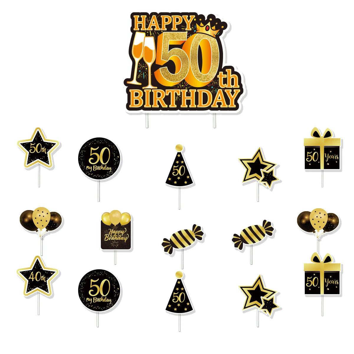 50th Birthday Party Decorations – Black & Gold Tableware Set Party Tableware Set Babs 16pcs cake topper