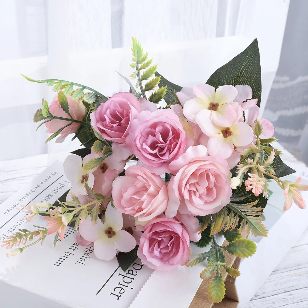 Silk Rose & Hydrangea Artificial Bouquet | Wedding & Home Décor Artificial Flower Bouquet Babs Pink 3PC