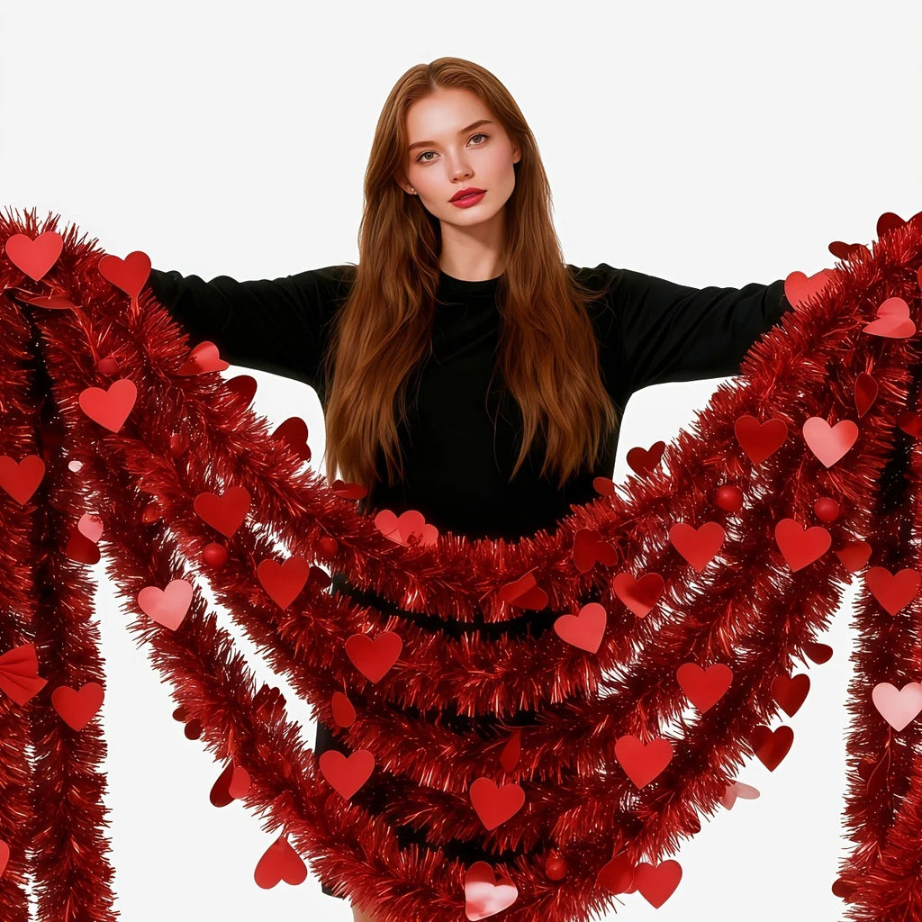 3pcs Red Heart Tinsel Garlands 6M – Wedding & Party Decor Tinsel Garland Set Babs