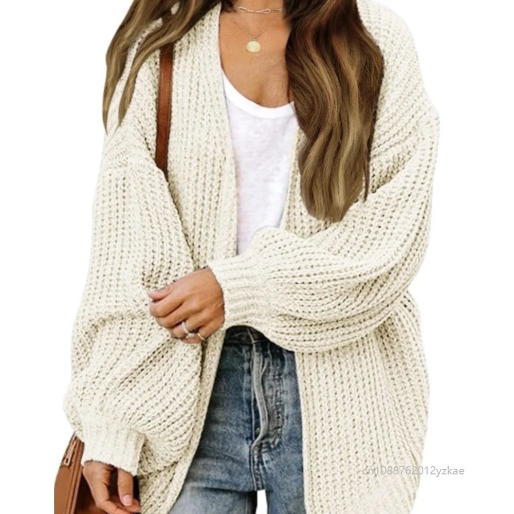 Women's Lantern Sleeve Thick-Knit Cardigan – Loose V-Neck Coat Knit Cardigan Sweater Babs