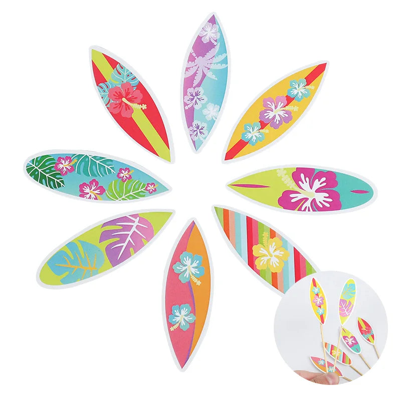 Hawaiian Surfboard Cupcake Toppers – Luau Party Decor (8/16 Pc) Cupcake Toppers Babs