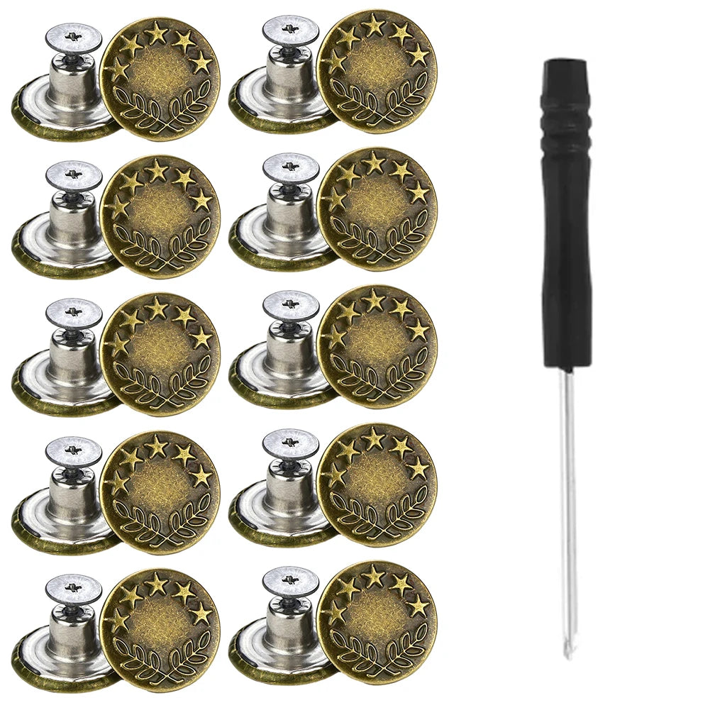 10PCS Metal Jeans Buttons 17mm No-Sew Screw Replacement Kit Jeans Button Repair Kit Babs D