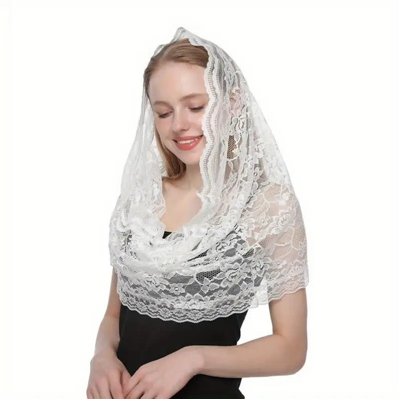 Premium Flower Lace Hijab Scarf Shawl – Tassel Bandana Headwrap Lace Hijab Scarf Babs White