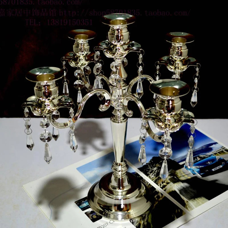 Silver 5-Arm Crystal Candelabra – Elegant Table Centerpiece Candelabra Holder Babs