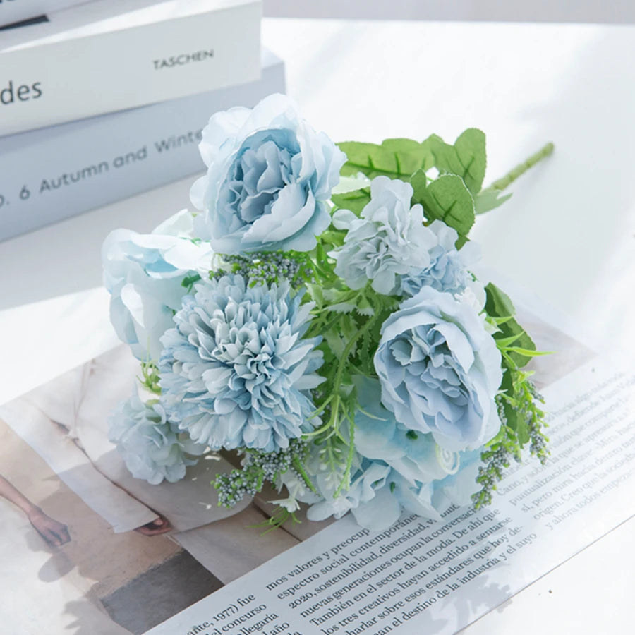 Silk Peony & Hydrangea Artificial Flower Bouquet | Wedding Decor Artificial Flower Bouquet Babs Blue 1 pc