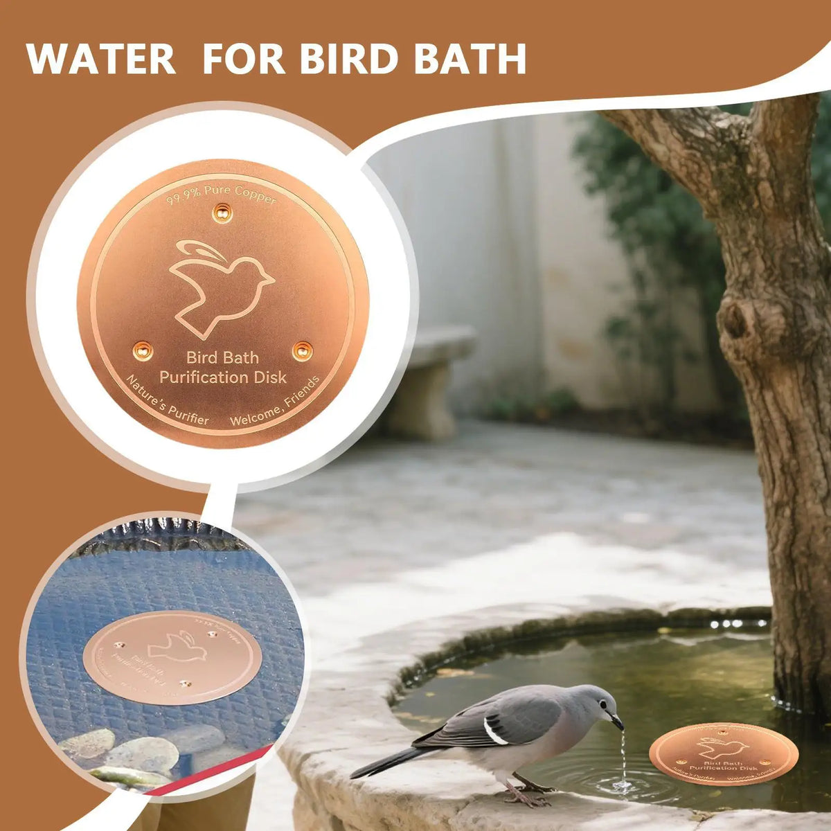 Copper Bird Bath Disk | Triple-Point Outdoor Water Bowl Bird Bath Dish Babs