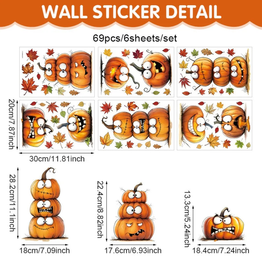 6PCS Autumn Static Cling Window Stickers | Pumpkin & Maple Leaf Window Cling Stickers Babs 6PCS