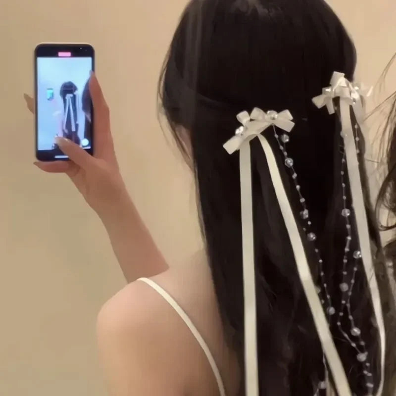 Korean Ribbon Bow Tassel Hair Clip – Beaded Glass Hairpin Bow Hair Clip Babs
