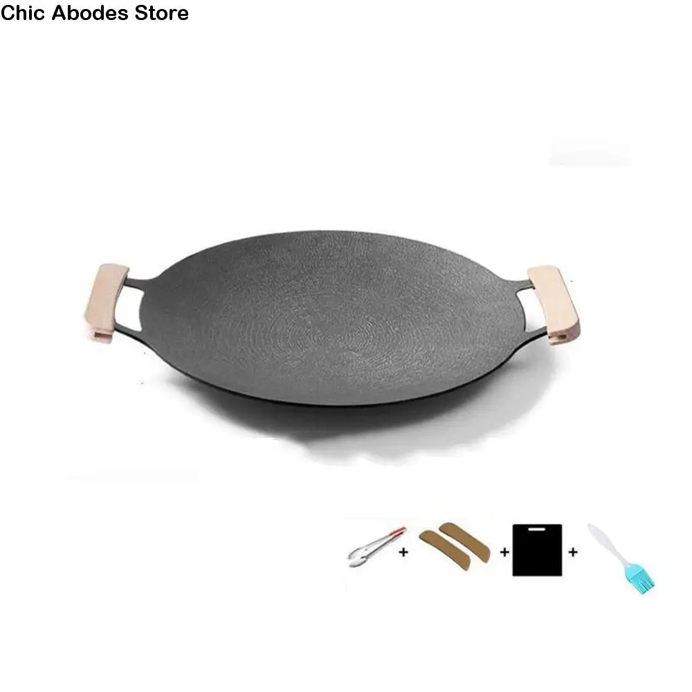 Korean BBQ Grill Pan 30–38cm | Smokeless Wooden Handle Griddle BBQ Grill Pan Babs
