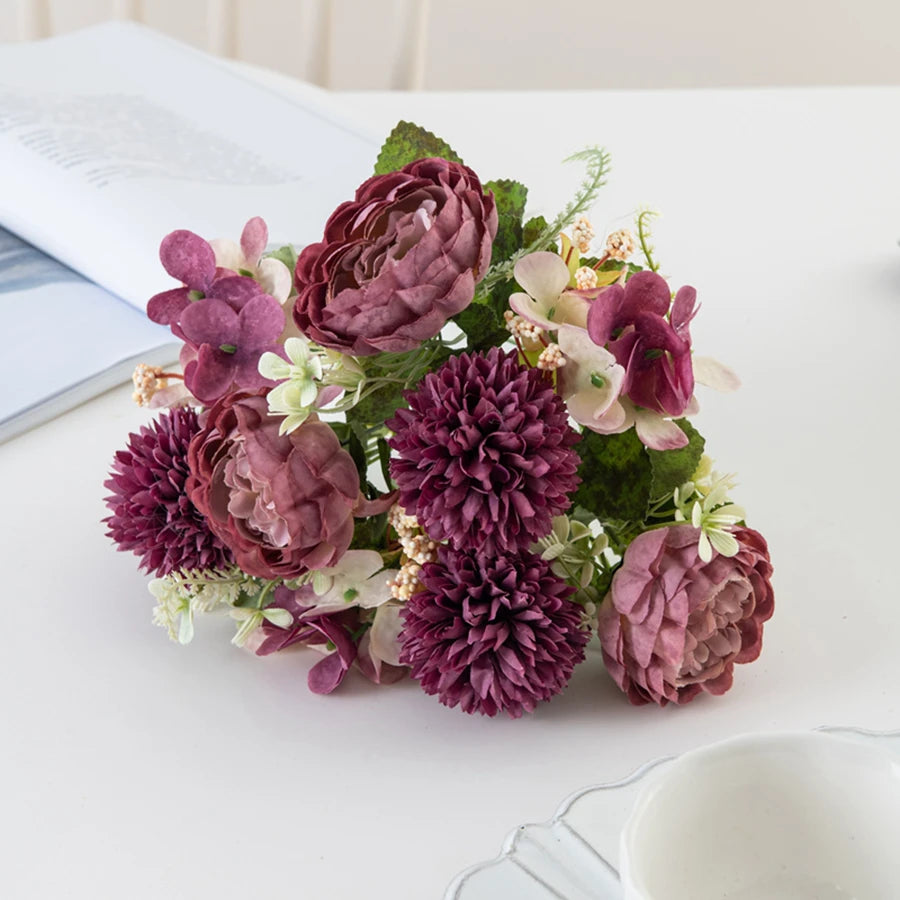Silk Peony Hydrangea Artificial Flower Bouquet 32cm Artificial Flower Bouquet Babs Rose Red 1 pc