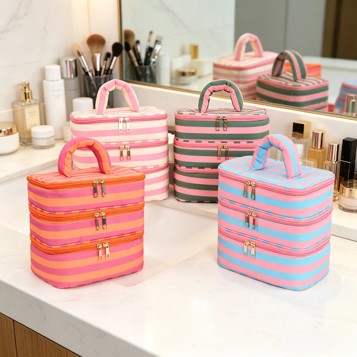 Large 3-Layer Travel Makeup Bag Organizer with Handle Travel Makeup Bag Babs