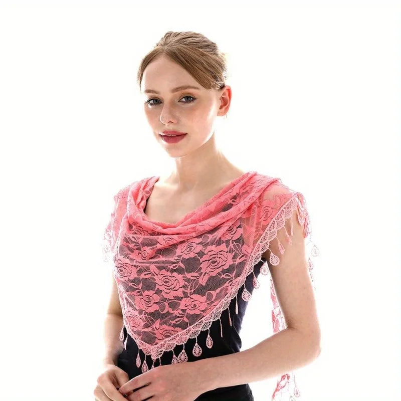 Embroidered Mantilla Lace Veil Church Prayer Shawl Scarf Lace Veil Shawl Babs Pink