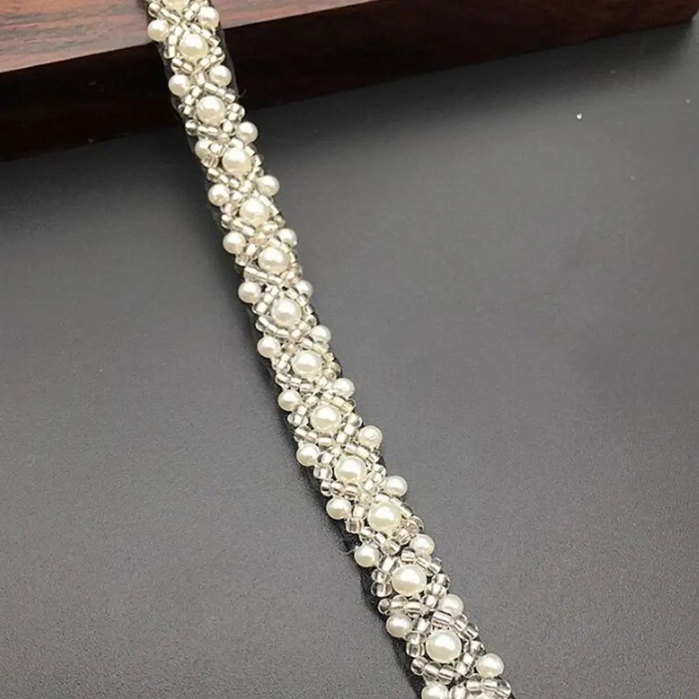 Beaded Pearl Lace Trim Ribbon for Bridal Wedding Dress – 1 Yard Bridal Lace Trim Babs black-white
