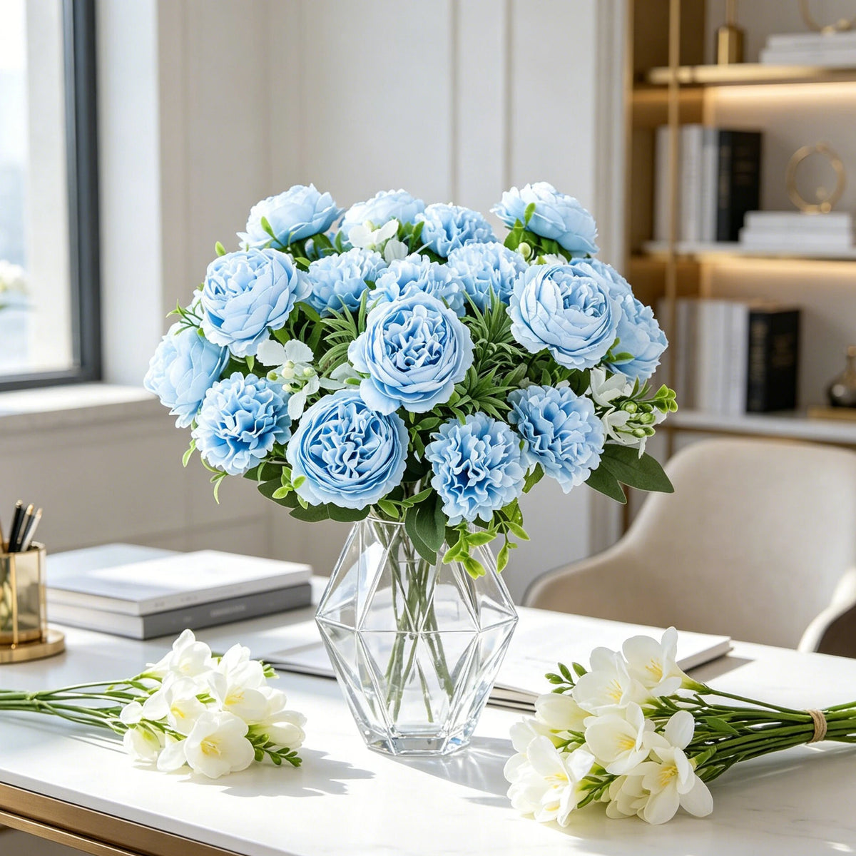 Artificial Chrysanthemum Bouquet 5-Fork Faux Flowers – Home & Wedding Artificial Flower Bouquet Babs