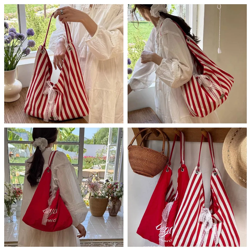Double-Sided Women's Tote Bag – Striped Lace Bow Shoulder Bag Women's Tote Bag Babs