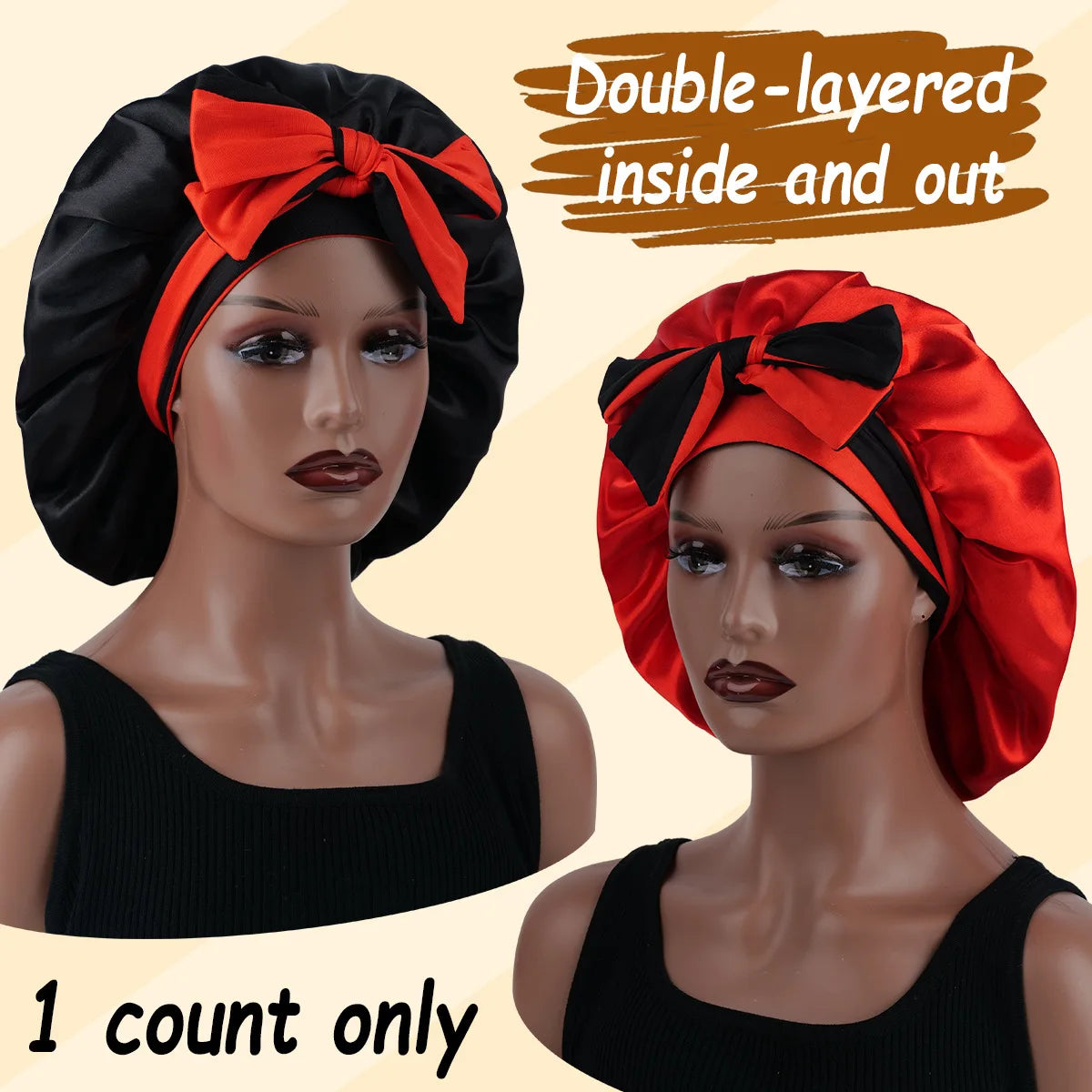 Double Layer Elastic Bow Sleep Hair Cap Turban – Unisex Sleep Hair Cap Babs Red