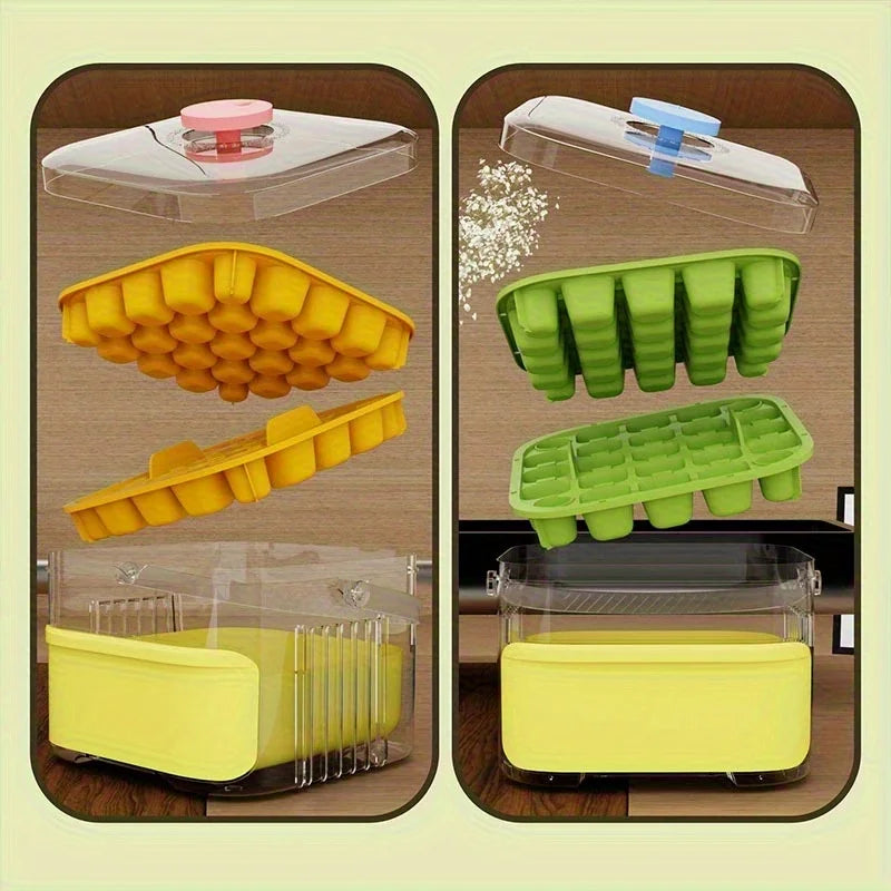 Double Layer Ice Cube Tray with Lid, Bin & One-Click Release Ice Cube Tray Babs