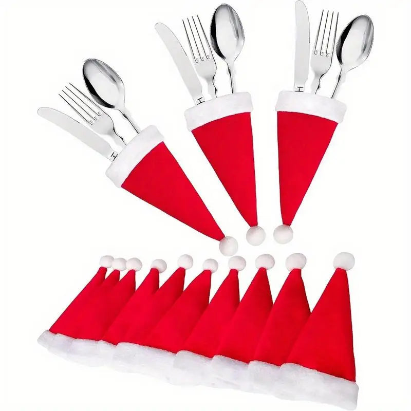 10 Mini Santa Hats – Christmas Cutlery & Wine Bottle Covers Christmas Decoration Set Babs
