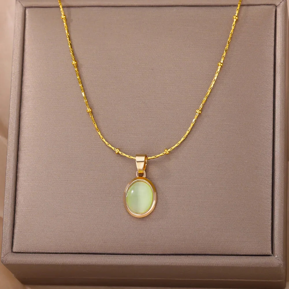 Opal Oval Pendant Necklace – Gold Stainless Steel for Women Pendant Necklace Babs N04669G-3 45cm