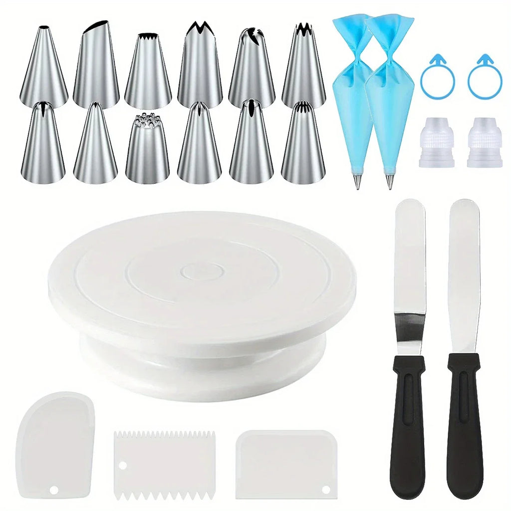 24-Piece Cake Decorating Set – Turntable, Piping Tips & Tools Cake Decorating Set Babs 24PCS-White