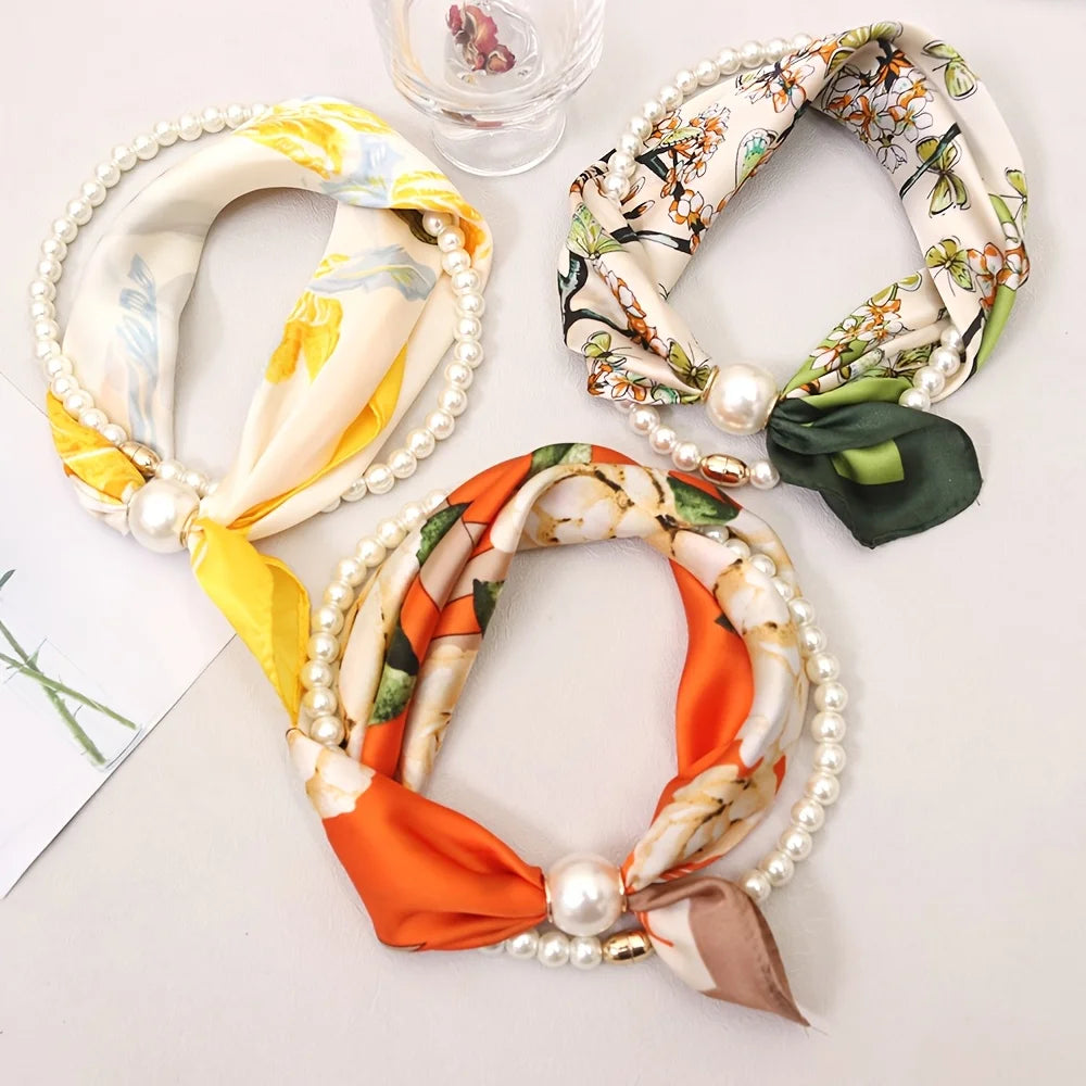 Layered Scarf Necklace with Pearl Chain – Boho Bandana Style Scarf Necklace Babs