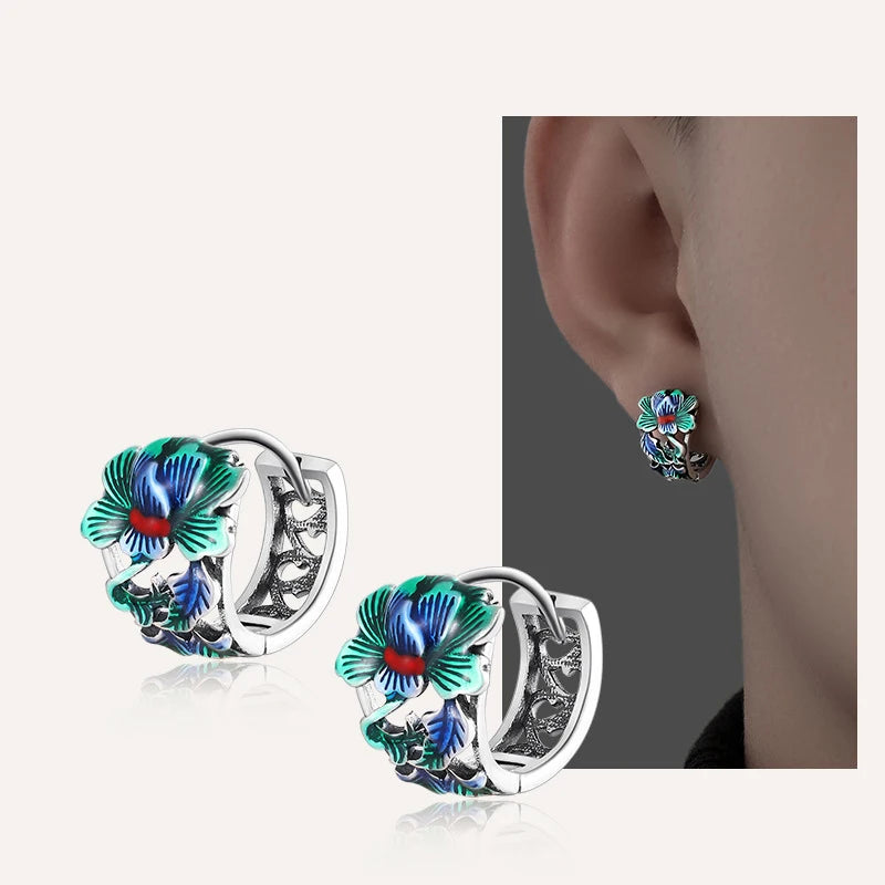 Thai Silver Peony Flower Hoop Earrings – Unisex Ethnic Style Hoop Earrings Babs