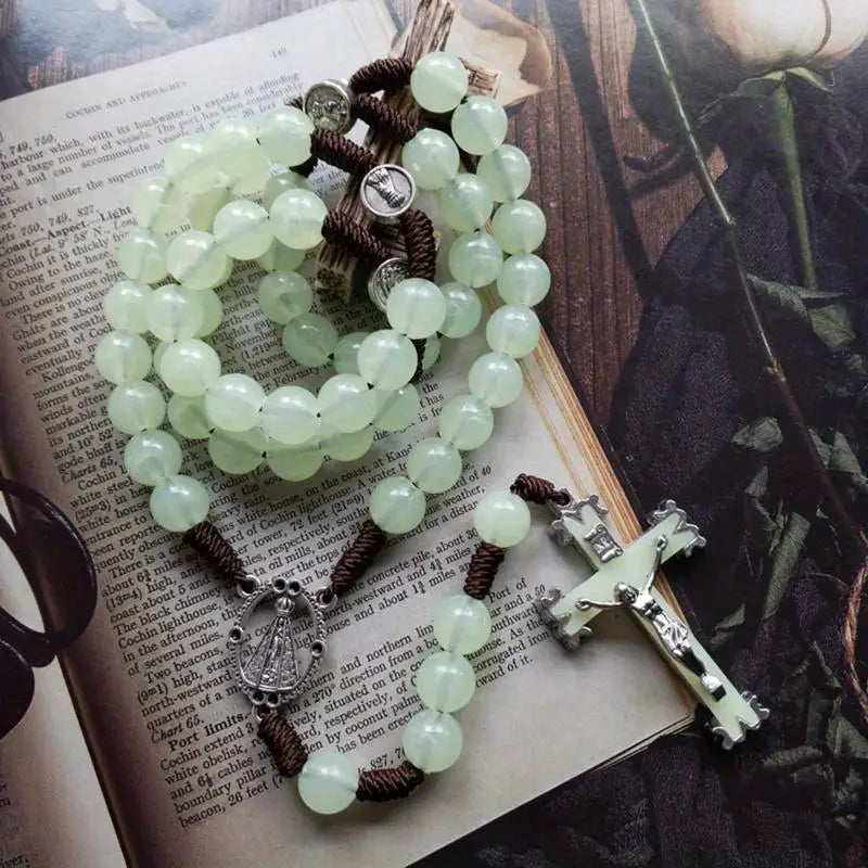 Luminous Rosary Bead Necklace – Glow in Dark Cross Pendant Rosary Bead Necklace Babs